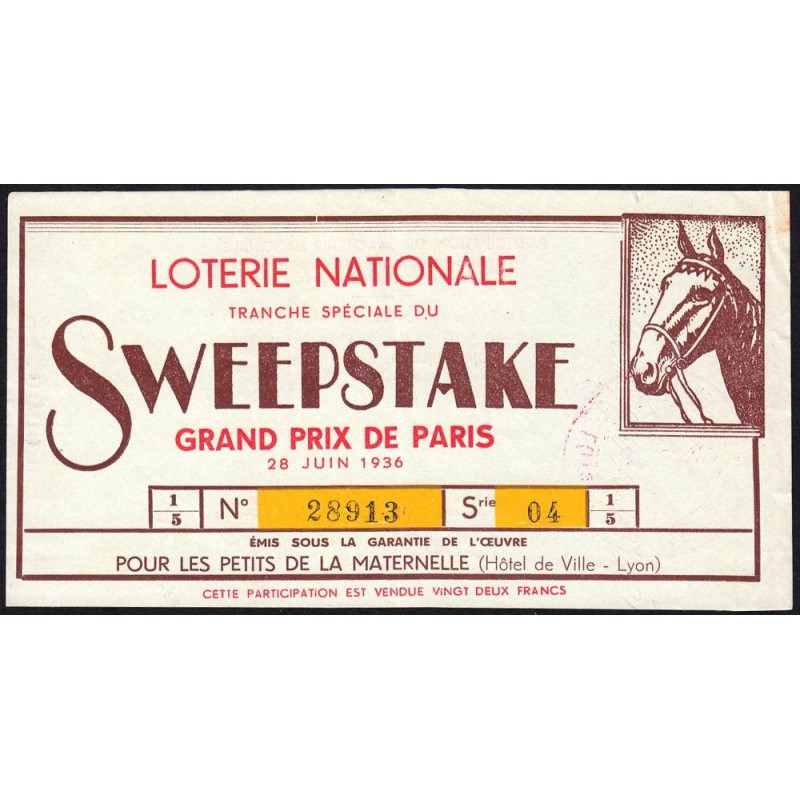 1936 - Loterie Nationale - Tranche spéciale - 1/5ème - Grand Prix de Paris - Etat : TTB+