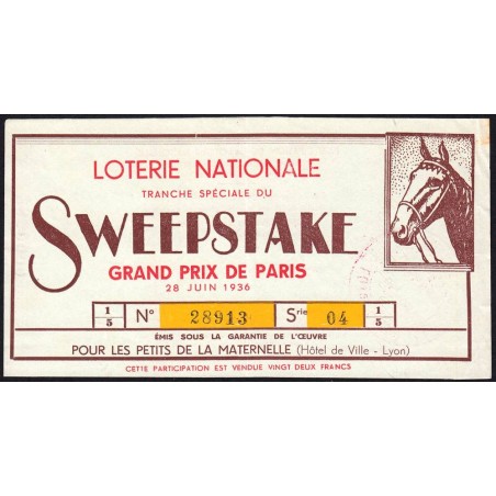 1936 - Loterie Nationale - Tranche spéciale - 1/5ème - Grand Prix de Paris - Etat : TTB+