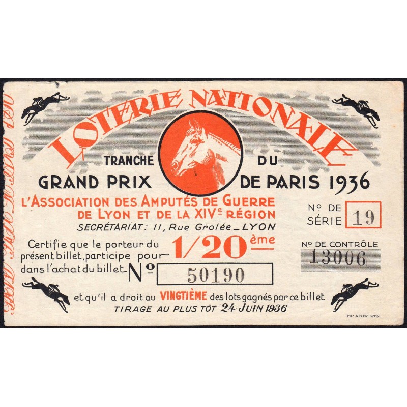 1936 - Loterie Nationale - Tranche spéciale - 1/20ème - Grand Prix de Paris - Etat : TTB
