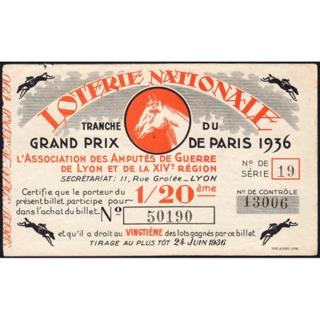 1936 - Loterie Nationale - Tranche spéciale - 1/20ème - Grand Prix de Paris - Etat : TTB