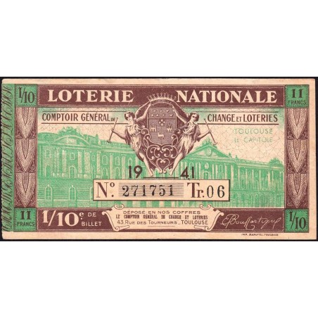 1941 - Loterie Nationale - 6e tranche - 1/10ème - Toulouse - Etat : TTB
