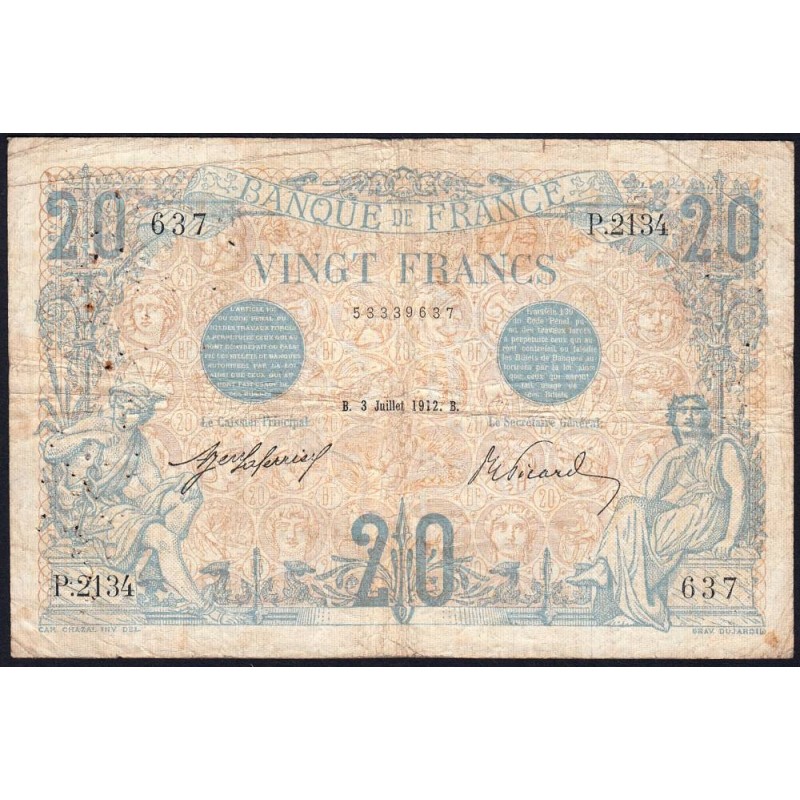 F 10-02 - 03/07/1912 - 20 francs - Bleu - Série P.2134 - Etat : B+ à TB-
