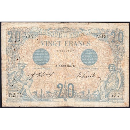 F 10-02 - 03/07/1912 - 20 francs - Bleu - Série P.2134 - Etat : B+ à TB-