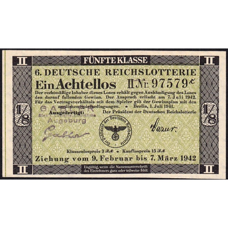 Allemagne - Loterie - 1942 - 1/8ème - 5ème classe - Etat : TTB+