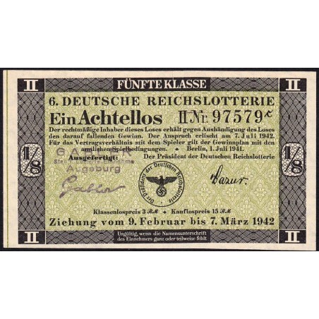 Allemagne - Loterie - 1942 - 1/8ème - 5ème classe - Etat : TTB+