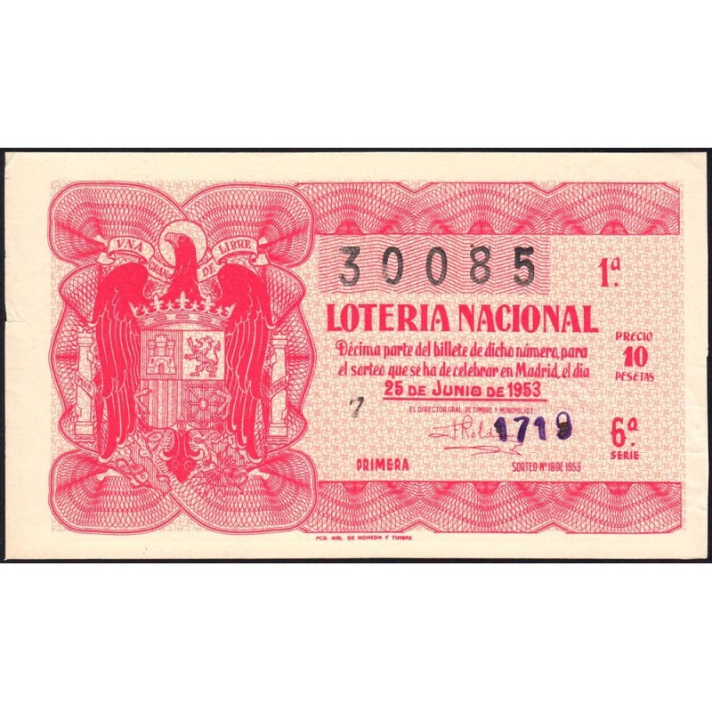 Espagne - Loterie - 1953 - 10 pesetas - Tirage 18 - Etat : SUP