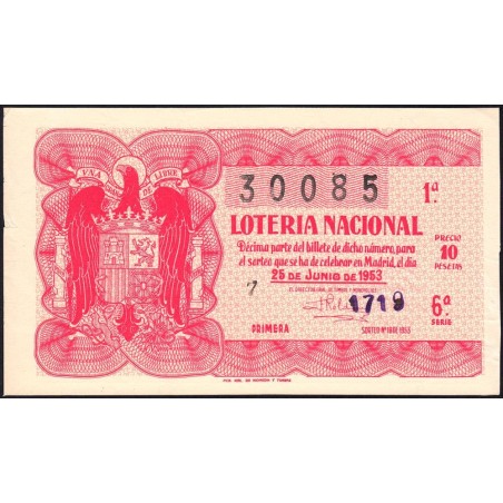 Espagne - Loterie - 1953 - 10 pesetas - Tirage 18 - Etat : SUP