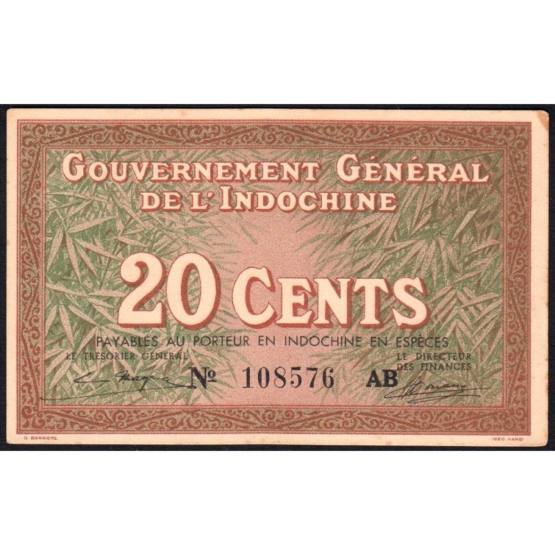 Indochine Française - Pick 86c - 20 cents - Série AB - 1942 - Etat : SPL
