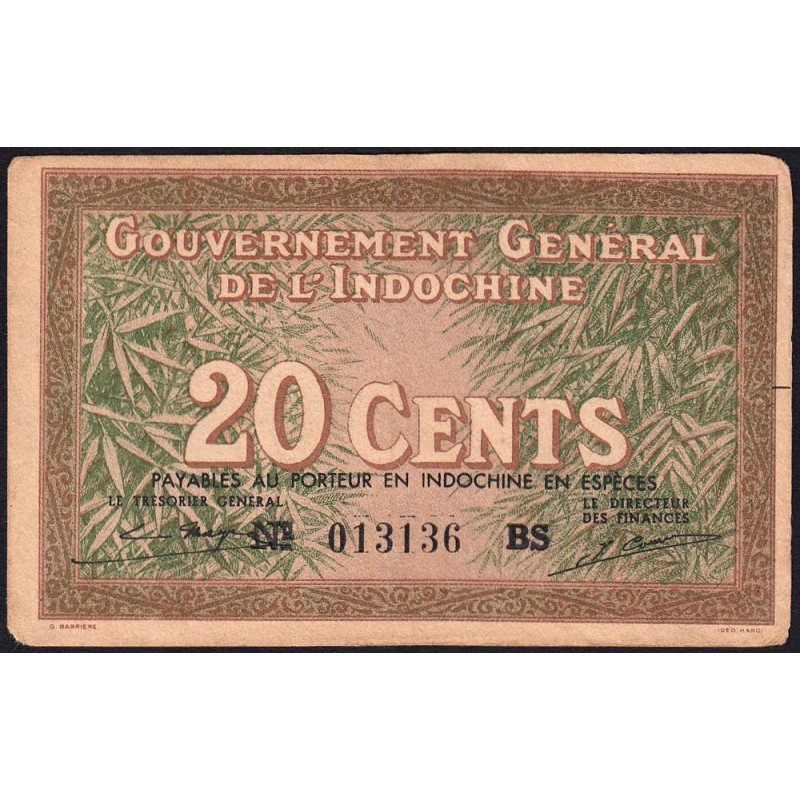 Indochine Française - Pick 86d - 20 cents - Série BS - 1943 - Etat : TTB