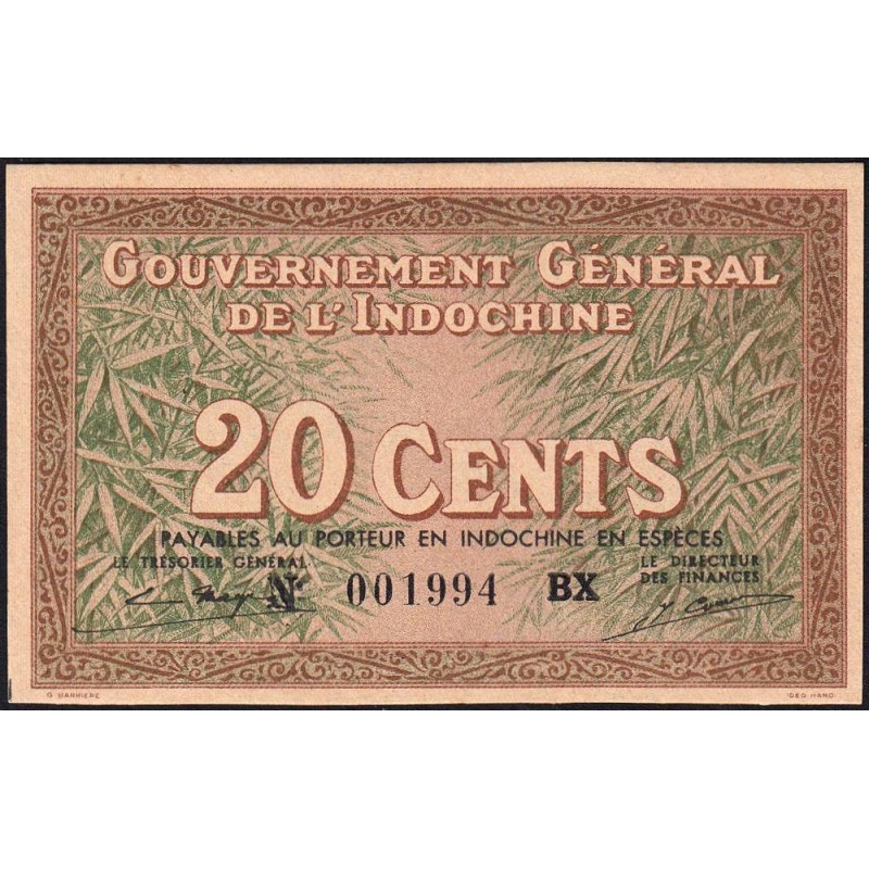 Indochine Française - Pick 86d - 20 cents - Série BX - 1943 - Etat : NEUF