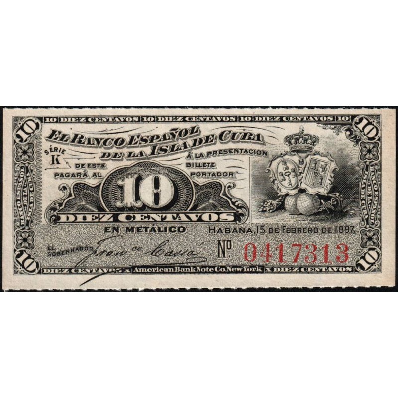 Cuba - Pick 52a - 10 centavos - Série K - 15/02/1897 - Etat : NEUF