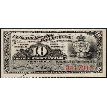 Cuba - Pick 52a - 10 centavos - Série K - 15/02/1897 - Etat : NEUF