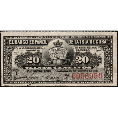 Cuba - Pick 53a - 20 centavos - Série I - 15/02/1897 - Etat : TTB+