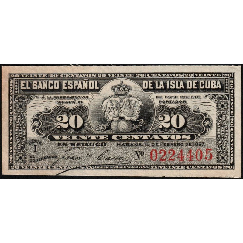 Cuba - Pick 53a - 20 centavos - Série I - 15/02/1897 - Etat : SPL
