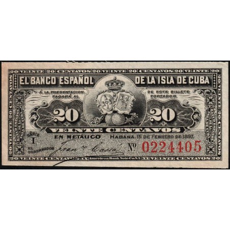 Cuba - Pick 53a - 20 centavos - Série I - 15/02/1897 - Etat : SPL