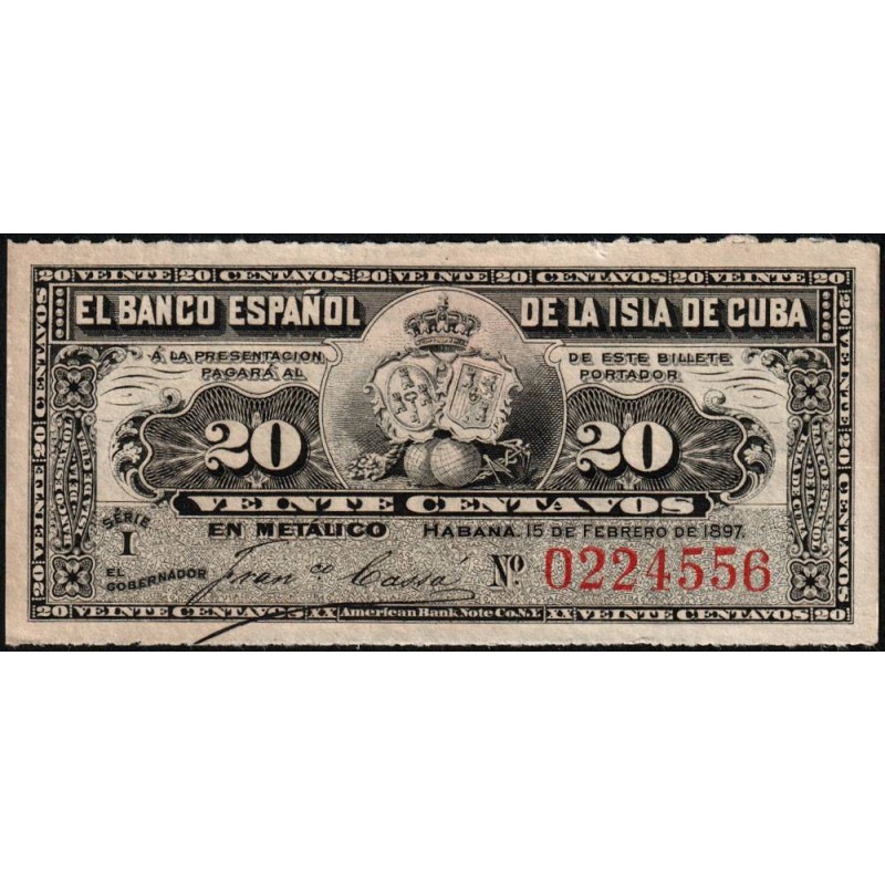 Cuba - Pick 53a - 20 centavos - Série I - 15/02/1897 - Etat : SUP