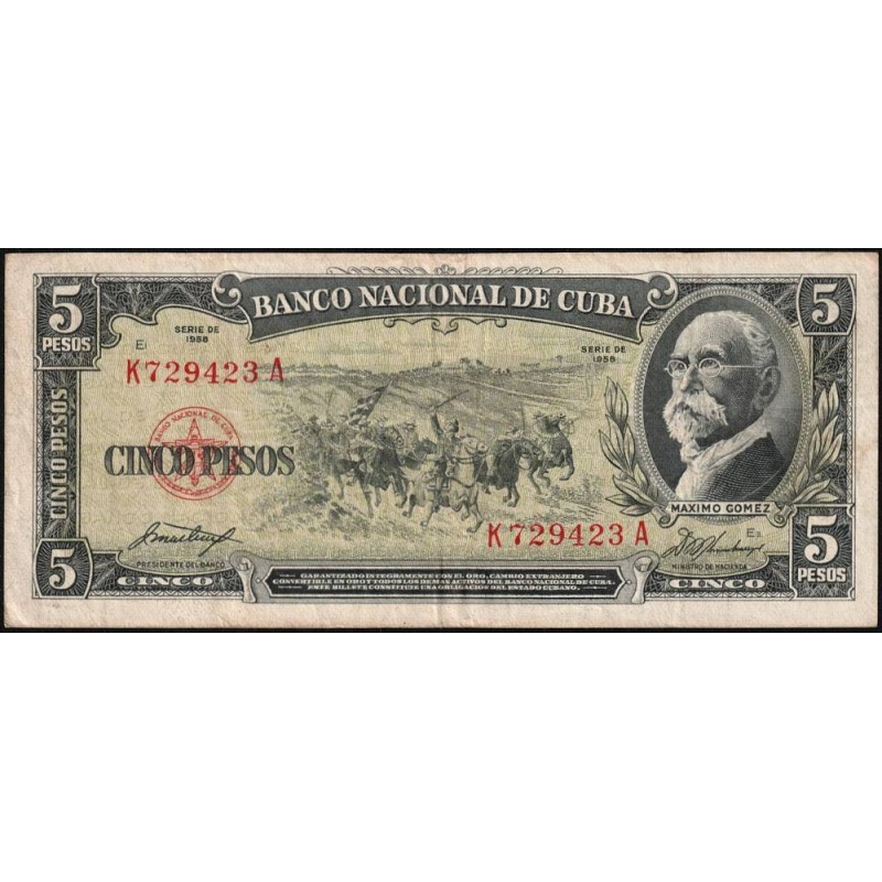 Cuba - Pick 91a - 5 pesos - Série K A - 1958 - Etat : TTB