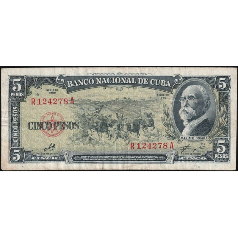 Cuba - Pick 91c - 5 pesos - Série R A - 1960 - Etat : TB+