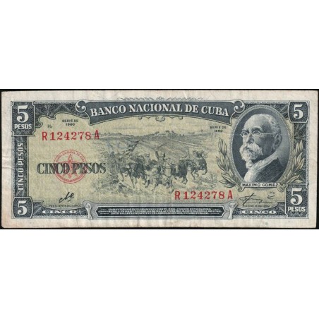 Cuba - Pick 91c - 5 pesos - Série R A - 1960 - Etat : TB+