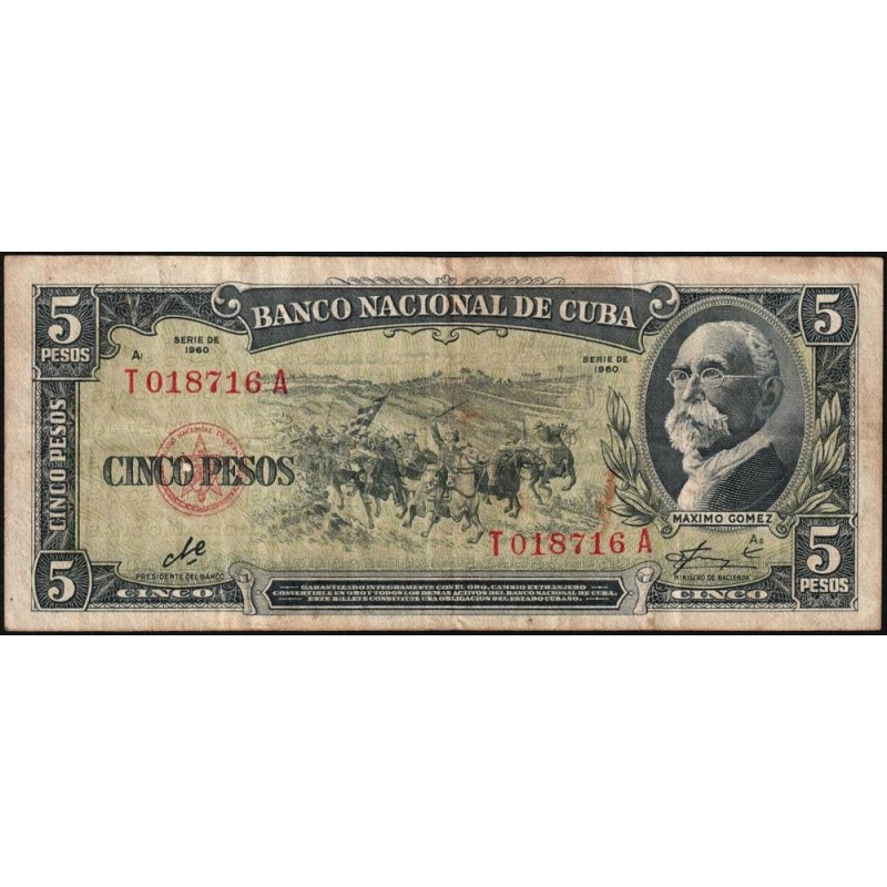 Cuba - Pick 91c - 5 pesos - Série T A - 1960 - Etat : TB-