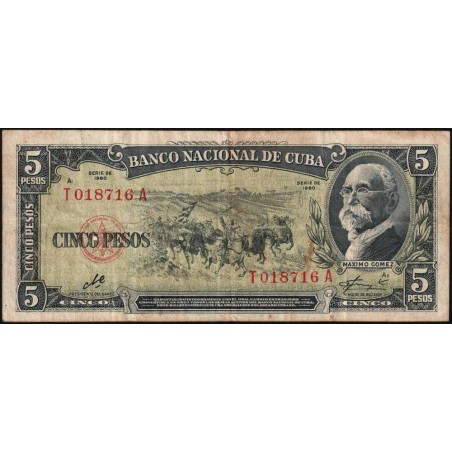 Cuba - Pick 91c - 5 pesos - Série T A - 1960 - Etat : TB-