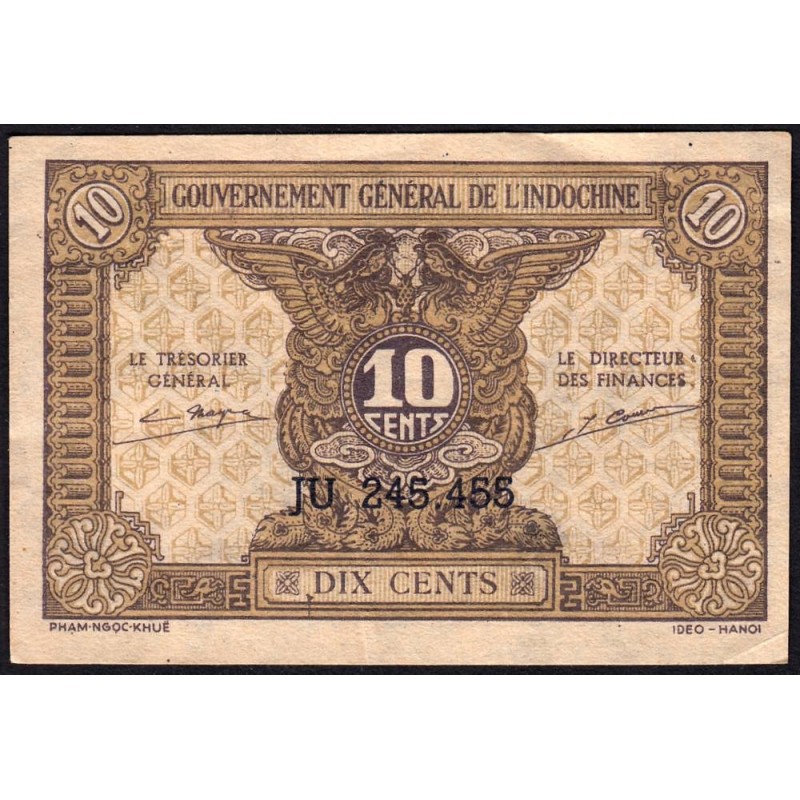 Indochine Française - Pick 89a_1 - 10 cents - Série JU - 1944 - Etat : TTB