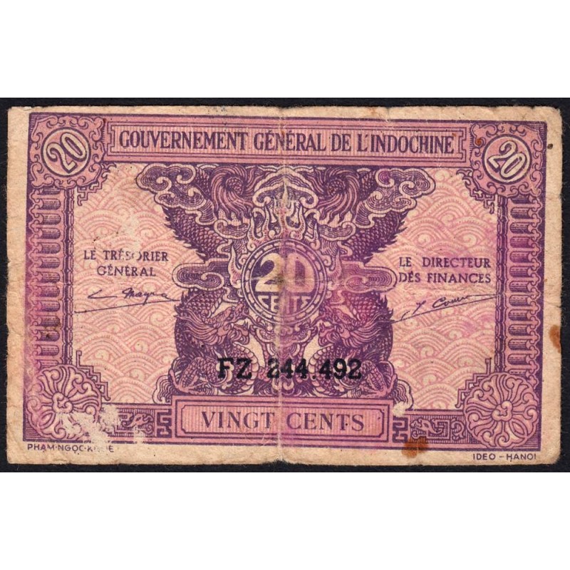 Indochine Française - Pick 90 - 20 cents - Série FZ - 1944 - Etat : B