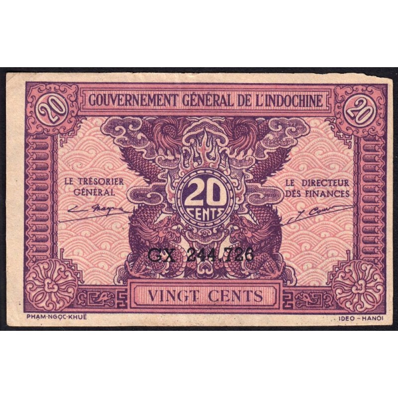 Indochine Française - Pick 90 - 20 cents - Série GX - 1944 - Etat : TTB