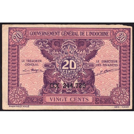 Indochine Française - Pick 90 - 20 cents - Série GX - 1944 - Etat : TTB