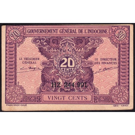 Indochine Française - Pick 90 - 20 cents - Série HZ - 1944 - Etat : SUP