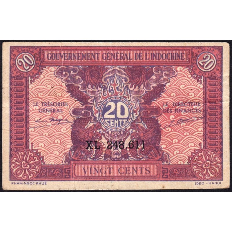 Indochine Française - Pick 90 - 20 cents - Série XL - 1944 - Etat : TTB-