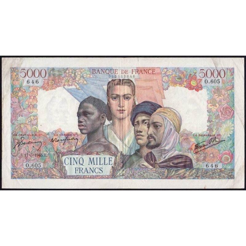 F 47-26 - 17/05/1945 - 5000 francs - Empire Français - Série O.605 - Etat : TTB-