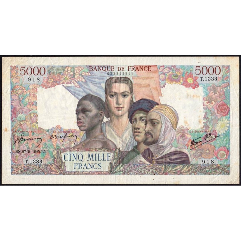 F 47-45 - 27/09/1945 - 5000 francs - Empire Français - Série T.1333 - Etat : TB+