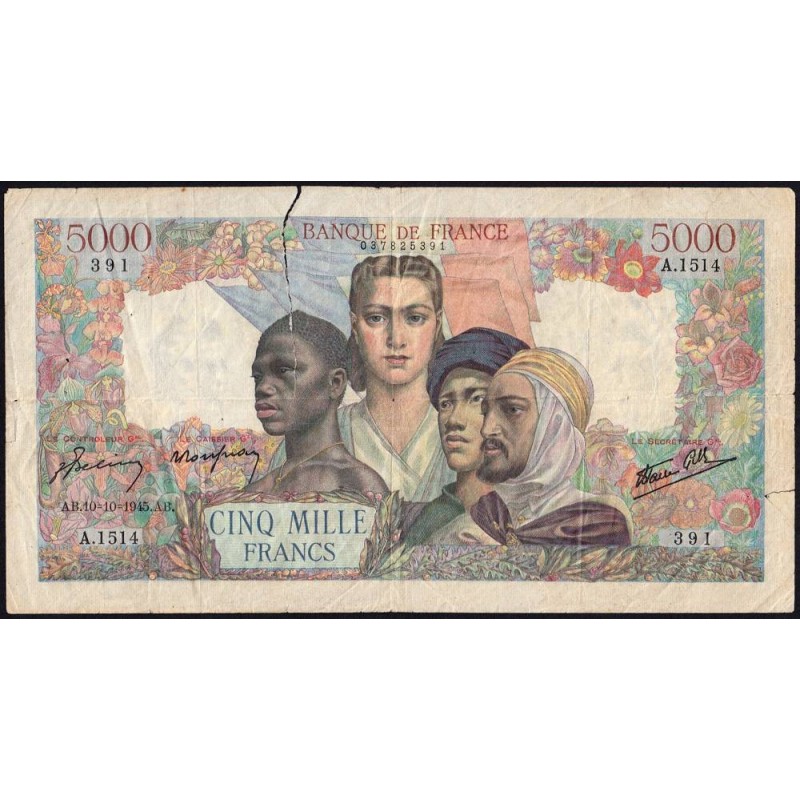 F 47-47 - 10/10/1945 - 5000 francs - Empire Français - Série A.1514 - Etat : B-