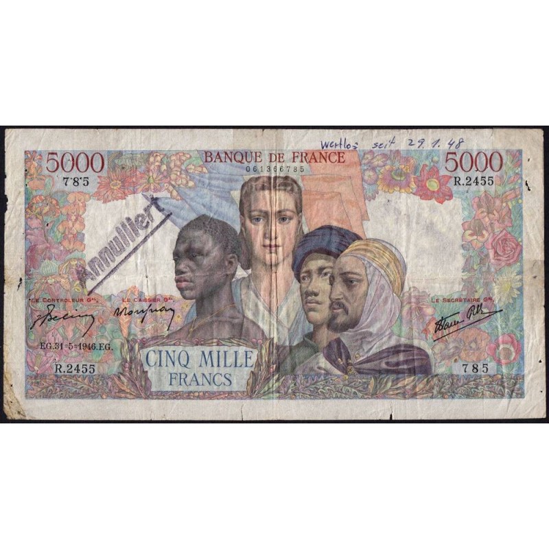 F 47-54 - 31/05/1946 - 5000 francs - Empire Français - Série R.2455 - Annulé - Etat : B+