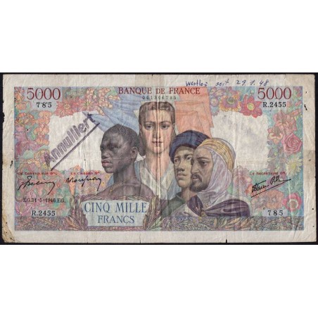 F 47-54 - 31/05/1946 - 5000 francs - Empire Français - Série R.2455 - Annulé - Etat : B+