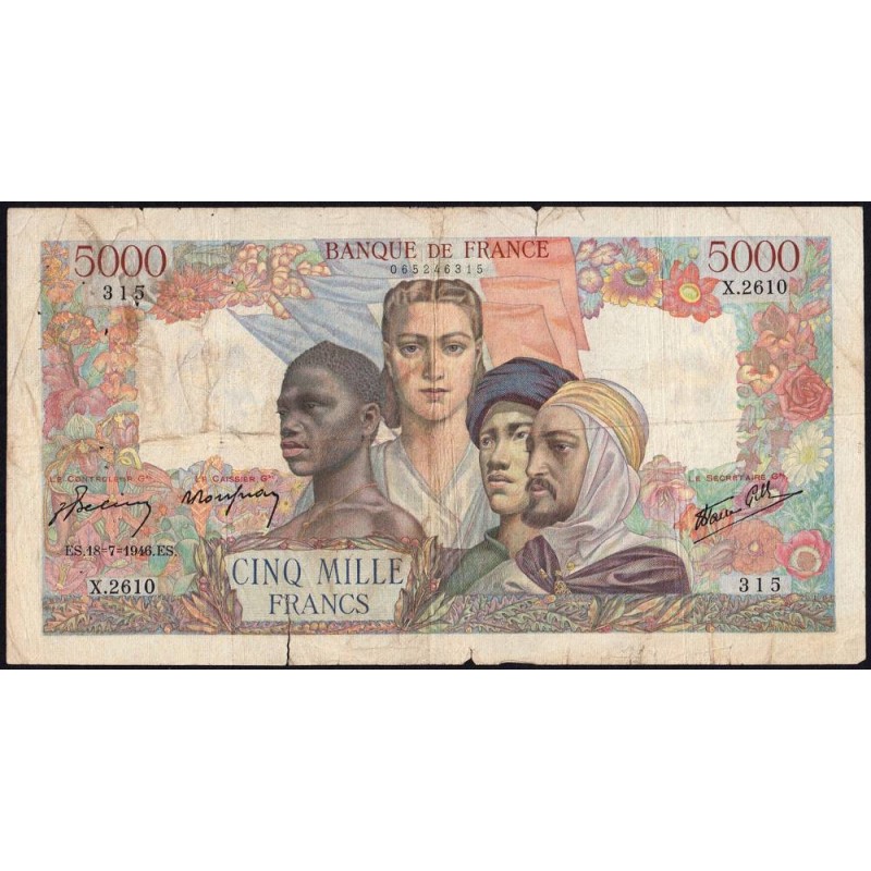 F 47-55 - 18/07/1946 - 5000 francs - Empire Français - Série X.2610 - Etat : B-