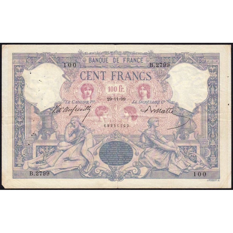 F 21-12 - 29/11/1899 - 100 francs - Bleu et rose - Série B.2799 - Etat : TB+ à TTB