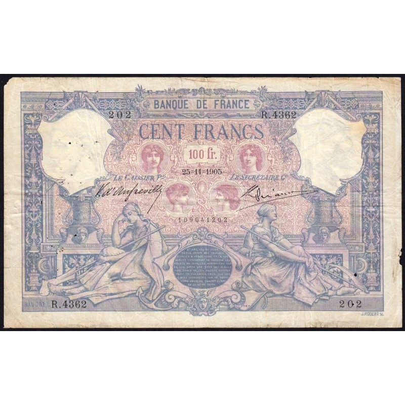 F 21-19 - 25/11/1905 - 100 francs - Bleu et rose - Série R.4362 - Etat : TB-