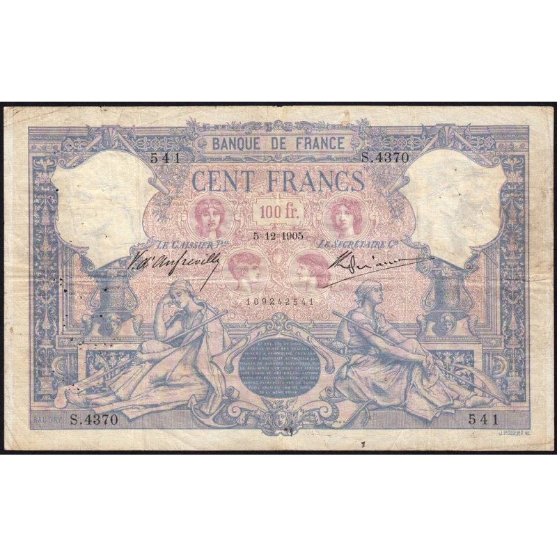 F 21-19 - 05/12/1905 - 100 francs - Bleu et rose - Série S.4370 - Etat : TB-