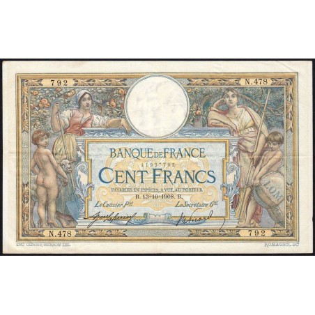 F 22-01 - 13/10/1908 - 100 francs - Merson avec LOM - Série N.478 - Etat : TTB à TTB+