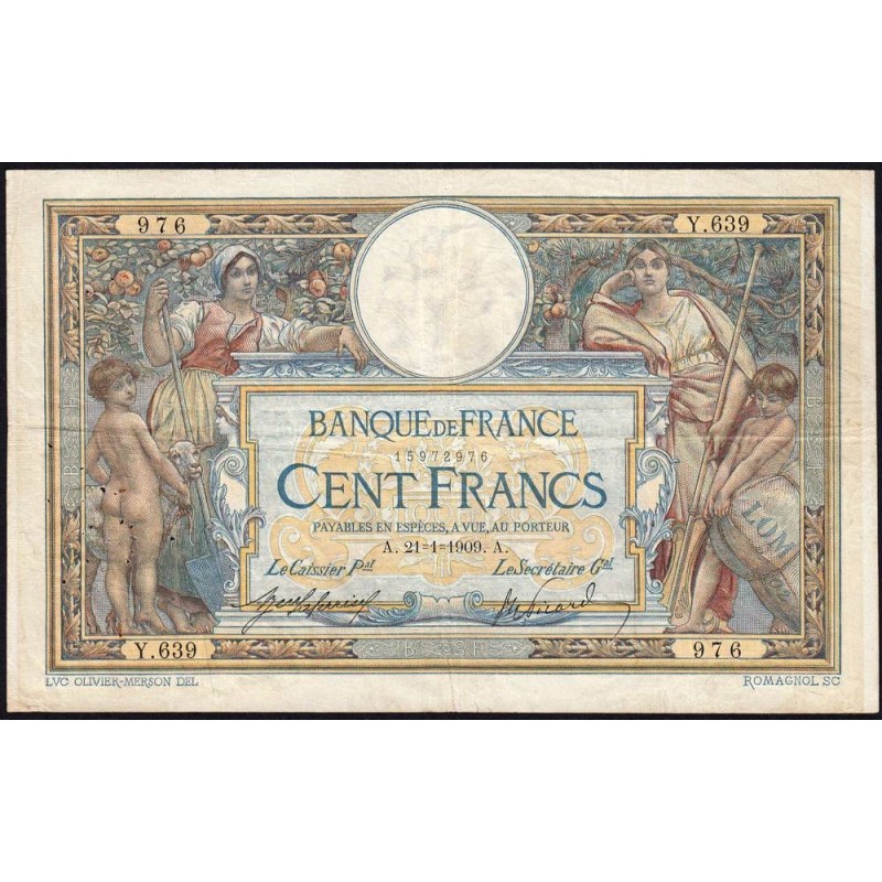 F 22-02 - 21/01/1909 - 100 francs - Merson avec LOM - Série Y.639 - Etat : TB+
