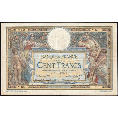F 22-02 - 21/01/1909 - 100 francs - Merson avec LOM - Série Y.639 - Etat : TB+