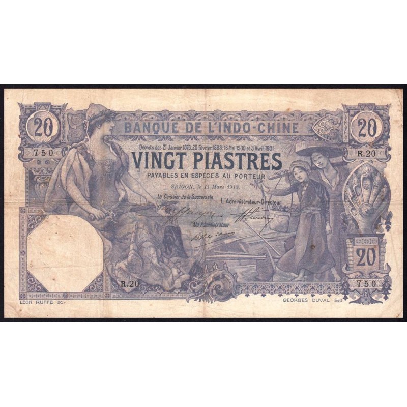 Indochine Française Saïgon - Pick 38b - 20 piastre - Série R.20 - 11/03/1913 - Etat : TTB