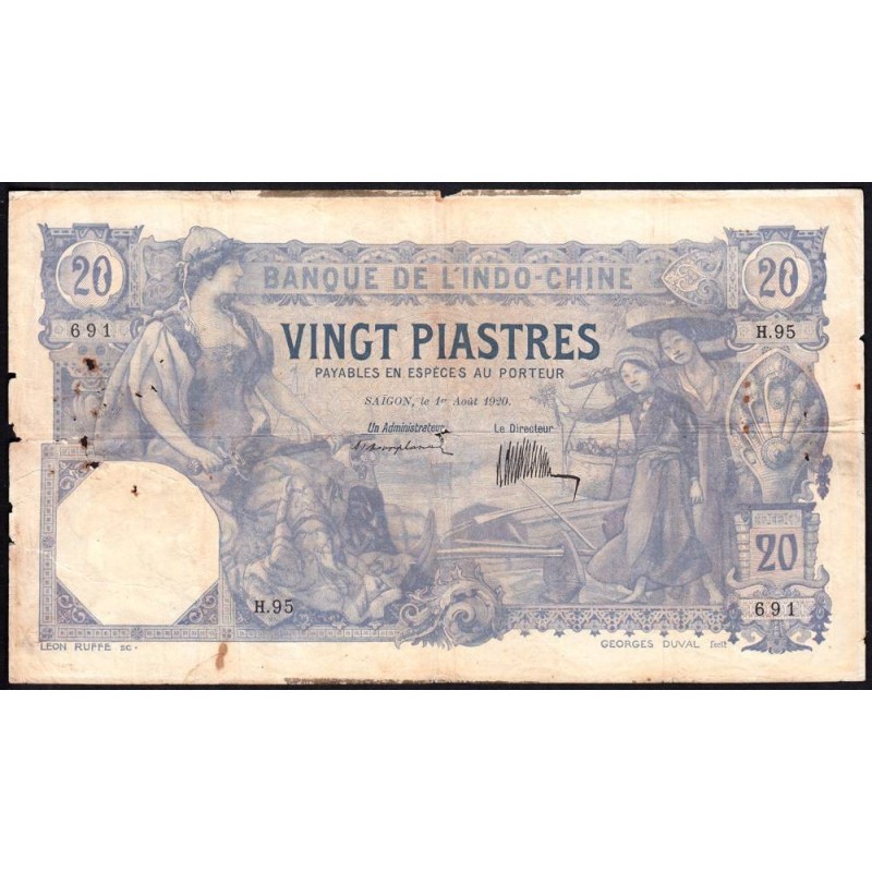 Indochine Française Saïgon - Pick 41 - 20 piastre - Série H.95 - 01/08/1920 - Etat : TB-
