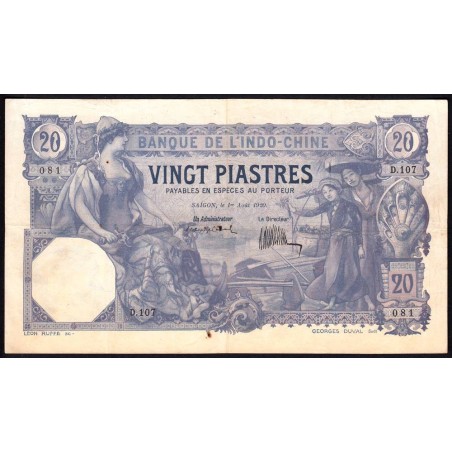 Indochine Française Saïgon - Pick 41 - 20 piastre - Série D.107 - 01/08/1920 - Etat : TTB