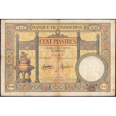 Indochine Française - Pick 51d - 100 piastres - Série U.153 - 1936 - Etat : TB- à TB