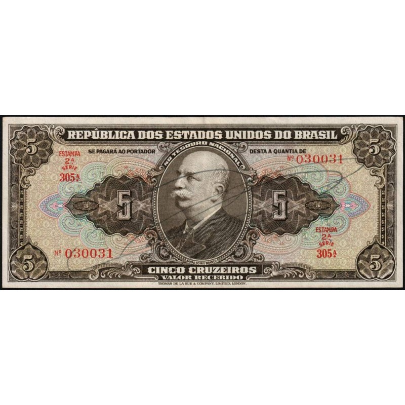 Brésil - Pick 142 - 5 cruzeiros - Série 305 - Estampa 2 - 1950 - Etat : TTB+