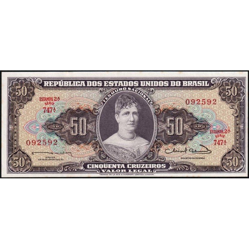 Brésil - Pick 179 - 50 cruzeiros - Série 747 - Estampa 2 - 1963 - Etat : SPL+