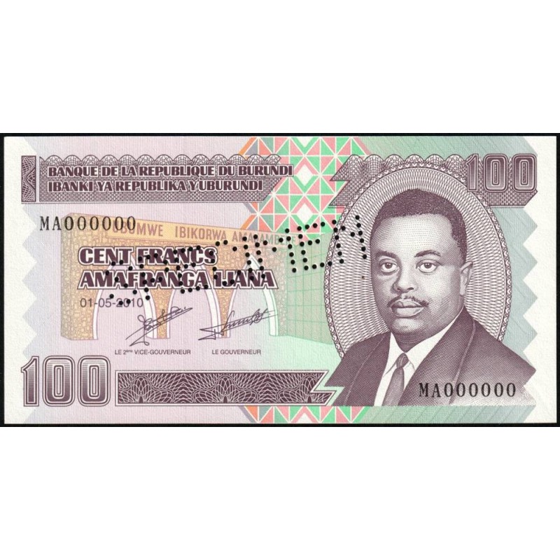 Burundi - Pick 44as - 100 francs - Série MA - 01/05/2010 - Spécimen - Etat : NEUF